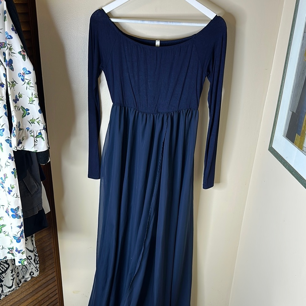 Pink blush Maternity gown Elegant Navy Blue Long Sleeve Dress solid off shoulder